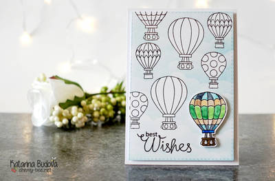 Fun handmade Happy Birthday Card using the "Up In The Air" and "Scrumptious Script" stamp set by Clearly Besotted together with the "Mini Cloud Edges" stencil from My Favorite Things and Tumbled Glass Distress Ink.