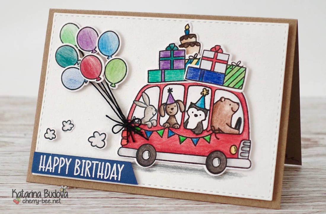 Handmade Happy Birthday card using the Birthday Bus stamp set and coordinating dies from Avery Elle and colouring pencils. #cherrybeecards