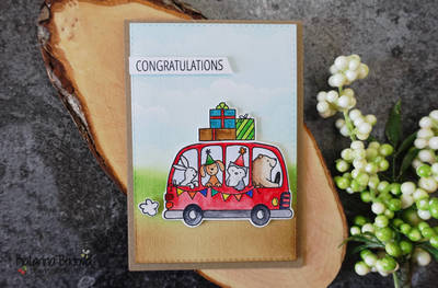 Handmade Congratulations card for Birthdays or as congrats on a new job. Using stamp set "Simply Said Amazing” by Avery Elle for the sentiment and “Birthday Bus” by Avery Elle for the bus. Bus is coloured with pencils and for the background I blended Distress inks and for the sky I used the Mini Cloud Edges stencil by MFT.