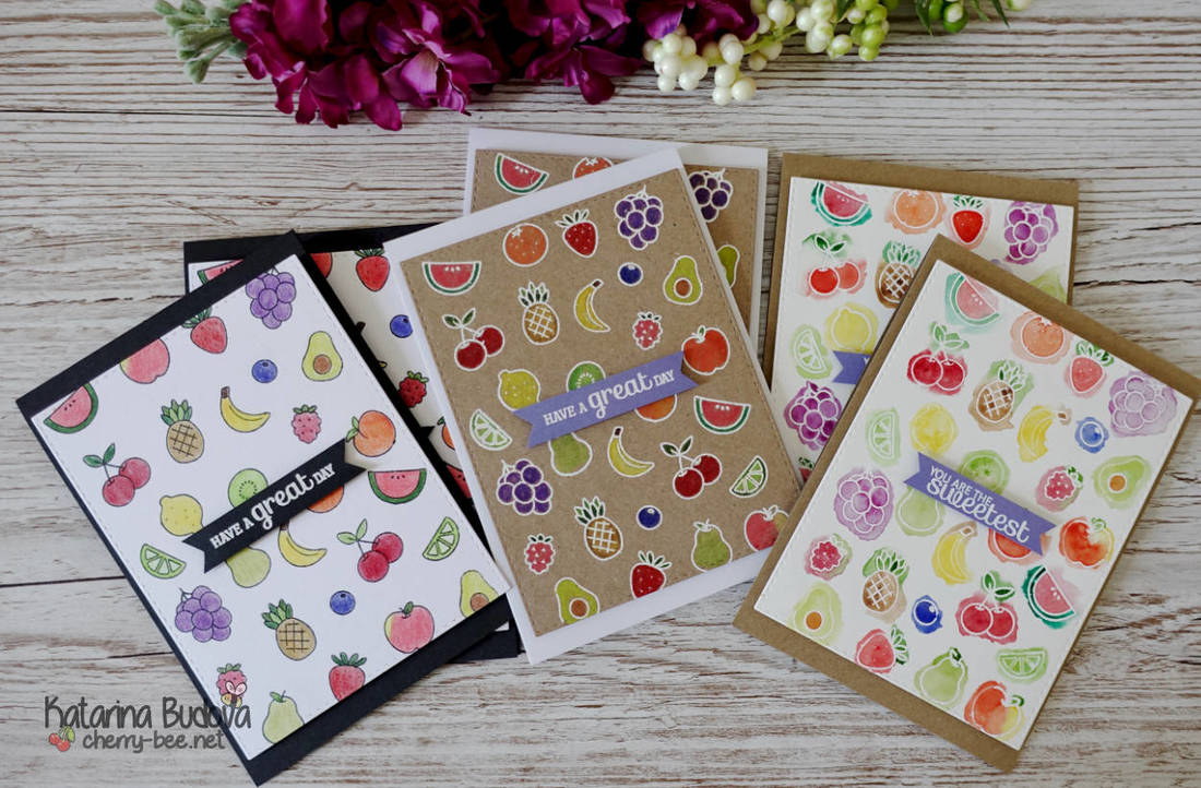 Handmade greeting card for many occasions in two ways, heat embssing with white embossing powder and using Prisma colouring pencils on craft card stock and on the other card creating messy watercolouring. The stamp set is the “Fruit Salad” by Clearly Besotted.