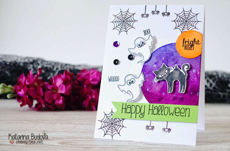 Handmade Halloween Card made by Katarina Budova. Using the stamp set “Fright Night” from Clearly Besotted and distress ink blending to create a nice purple background.