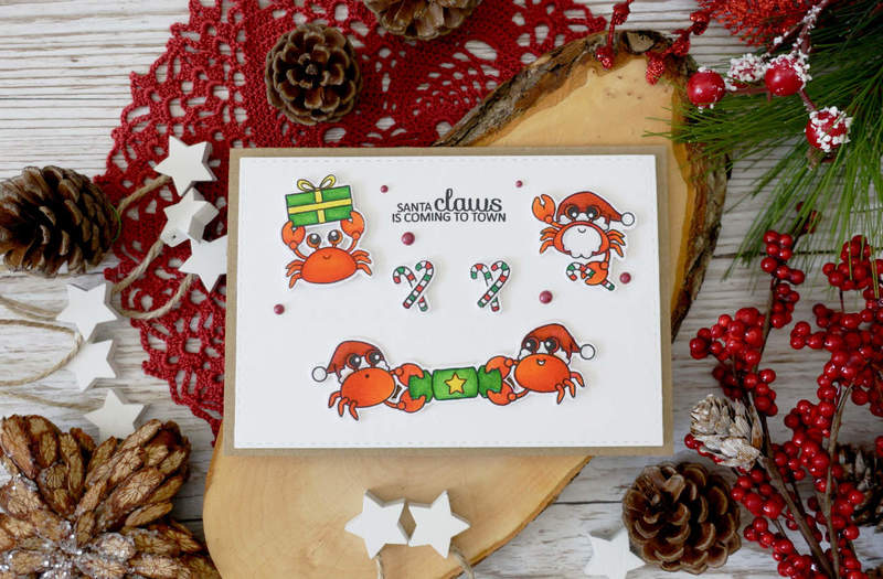 Handmade Christmas Card. Simple interactive card using Crabby Christmas stamp set, Zig brush markers and Straight Sliders dies from Mama Elephant.
