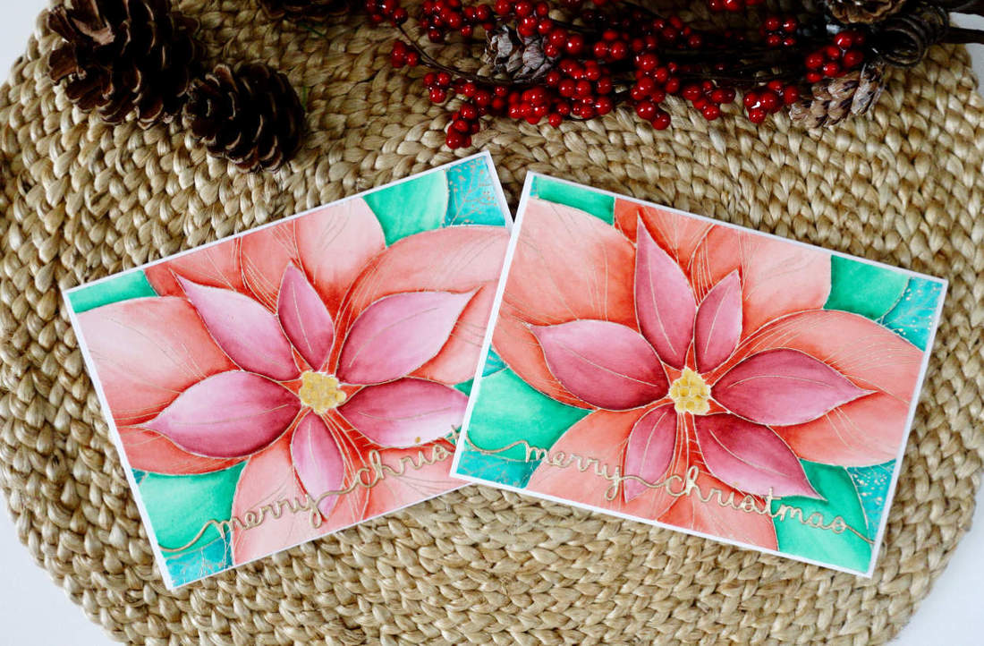 Handmade Christmas Card with heat embossed and watercoloured poinsettia. Using the Poinsettia Close Up from The Ton and brush markers from Kuretake Zig Clean, Sakura Koi and other brush pens. #cherrybeecards