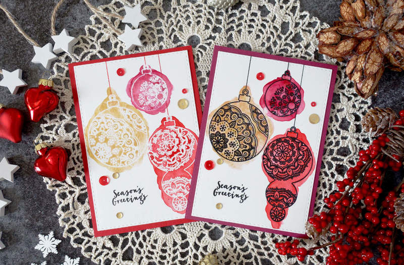 Handmade Christmas card with stamped decorations and doing messy watercolouring using the Gansai Tambi watercolours from Kuretake and the stamp set Delicate Decorations from Create A Smile.