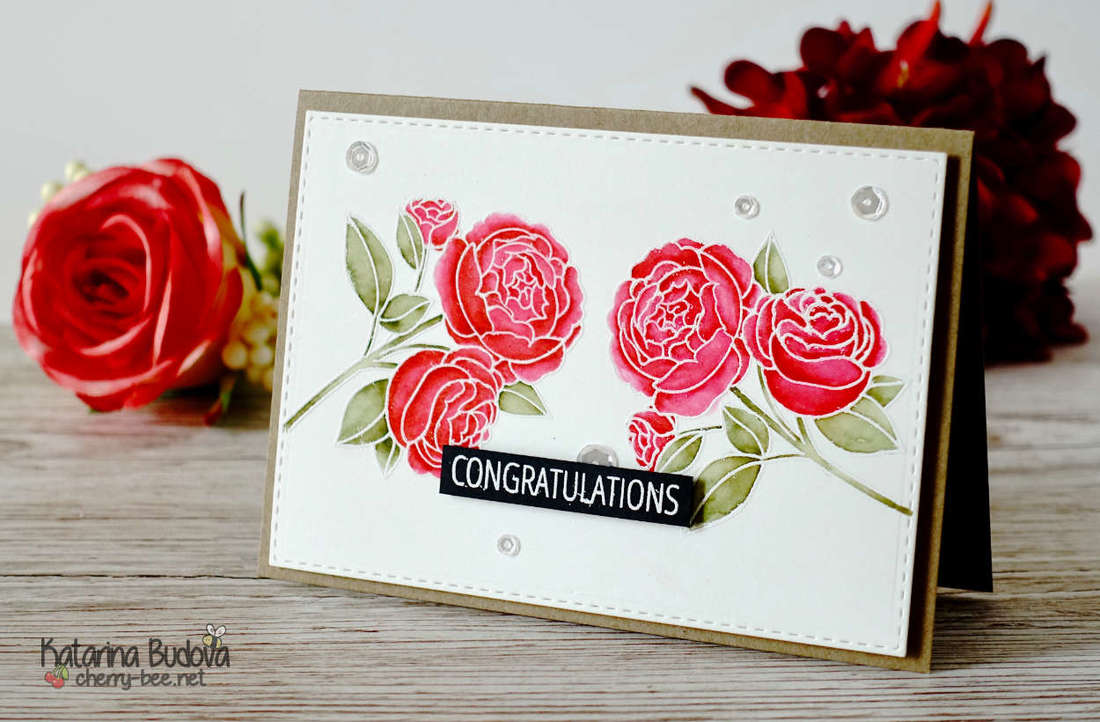 Handmade Congratulations card with red roses. Using the “To You With Love” from Clearly Besotted. The image is heat embossed with white embossing powder and watercoloured using water brush markers. #cherrybeecards
