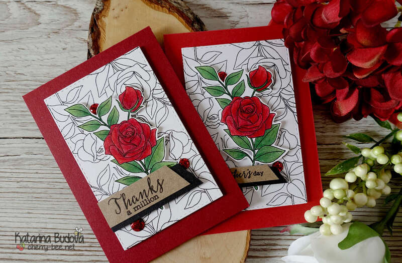 Elegant card with red rose, using the stamp set Merci Beaucoup by Clearly Besotted and colouring it with Prisma pencil colours.