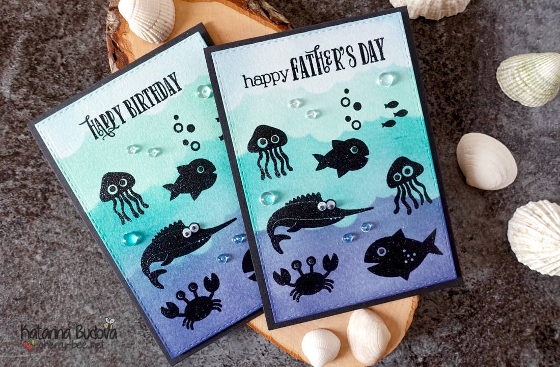 Handmade underwater card scene for Father’s Day or Birthday. Masculine card, perfect for men or boys. Using the Cloud Stencil and Ocean Fun Stamp Set from MFT and Distress Inks.  #cherrybeecards