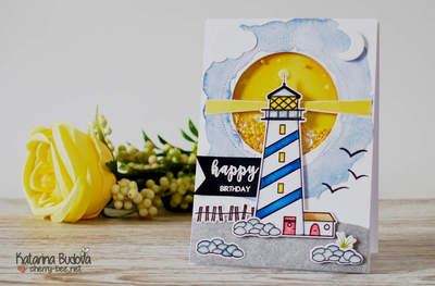 Lighthouse shaker card using the stamp set Shine Bright from Avery Elle, Prisma colours, Watercolours and Distress inks, as well sequins from Lucy’s Cards. Handmade card by Katarina Budova.