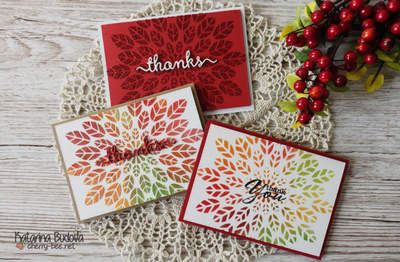Handmade autumnal cards. Three ways of using a stencil. Distress ink blending, Texture paste from Ranger, Nuvo Glimmer paste together with the Leaf Burst stencil by Altenew.