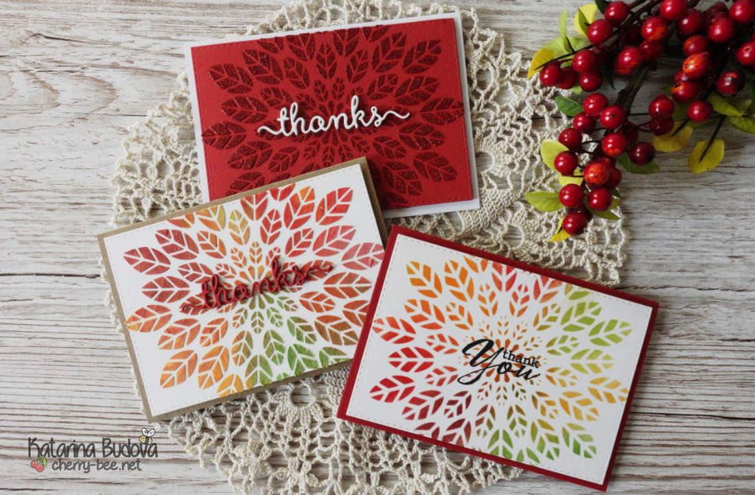 Handmade autumnal cards. Three ways of using a stencil. Distress ink blending, Texture paste from Ranger, Nuvo Glimmer paste together with the Leaf Burst stencil by Altenew. #cherrybeecards
