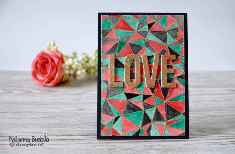 Love card for Valentine's day card, with big love die cut, covered with gilding flakes and watercoloured abstract background.