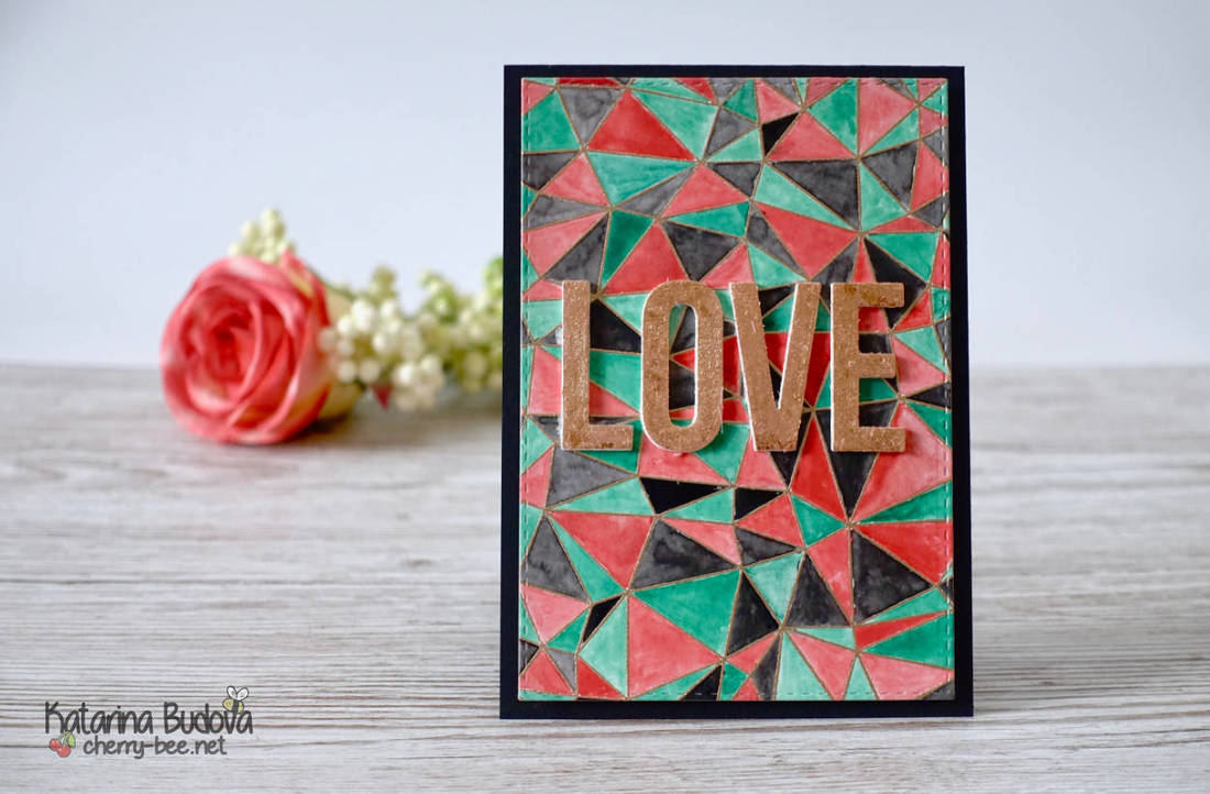Handmade modern, contemporary card not only for Valentine’s day. Watercoloured abstract background, heat embossed and big Love sentiment from MFT embellish with copper gilding flakes.