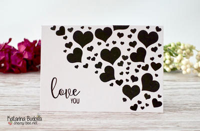 Simple handmade black and black one layer card with cluster of hearts for Valentine’s Day but even for Mother’s Day or a Love card.
The card was made using the "Heart Cluster” stamp from Stamps by Chloe, as well as "Little Bits" stamp set from WPlus9, "Sophisticated Script" by Concord & 9th and "Simply Said Amazing" by Avery Elle. All images were stamped using the Versafine ink in Onyx black.