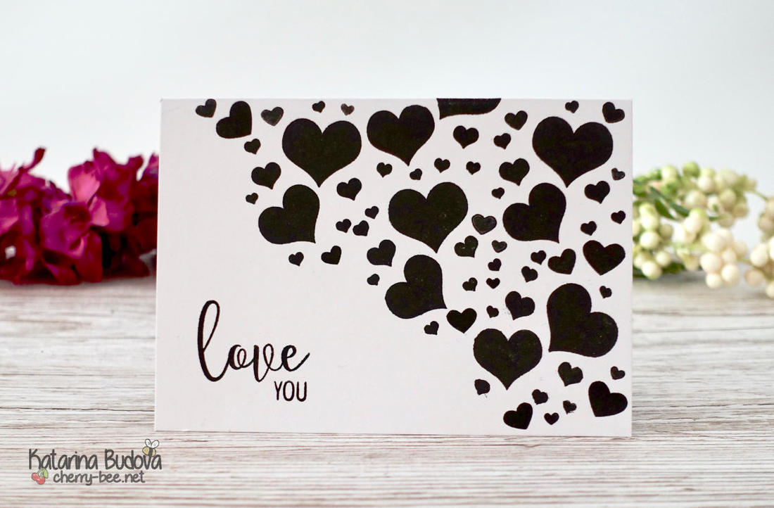 Simple handmade black and black one layer card with cluster of hearts for Valentine’s Day but even for Mother’s Day or a Love card. The card was made using the 