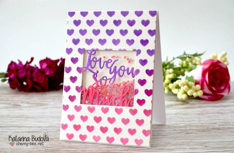Simple shaker card, with heart background created using distress inks and a stencil.