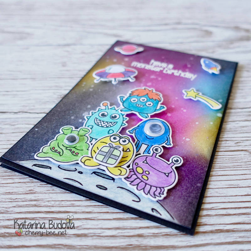 Handmade Birthday card using stamp set “Out Of This World” by Clearly Besotted and Distress Inks to create a galaxy background.