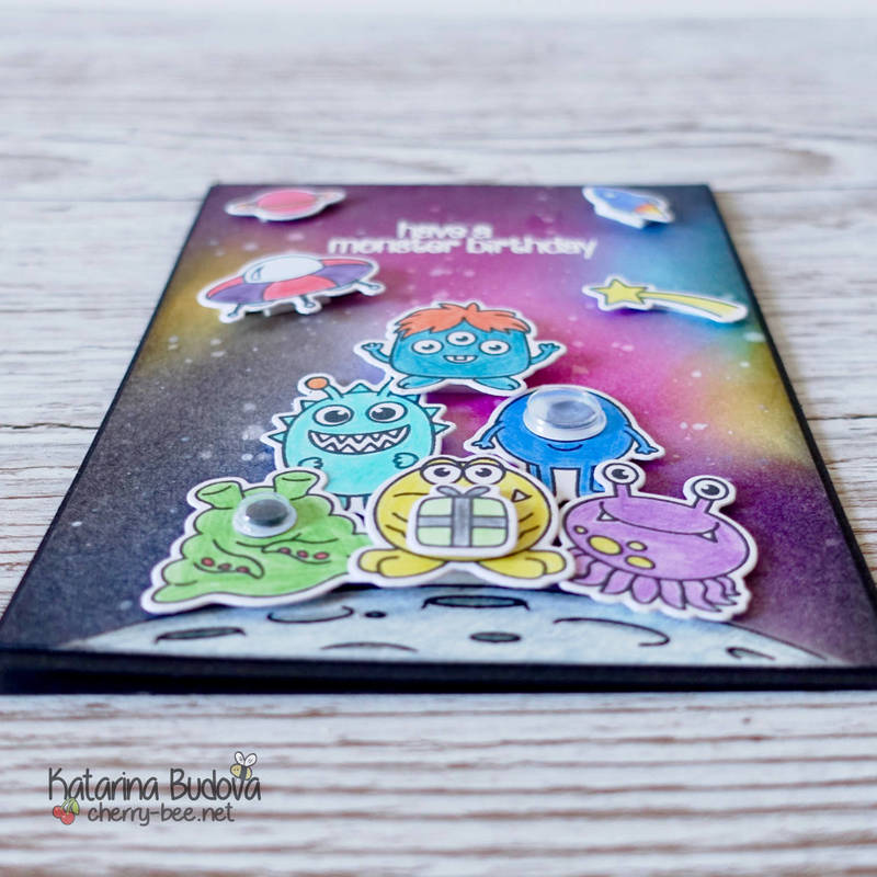 Handmade Birthday card using stamp set “Out Of This World” by Clearly Besotted and Distress Inks to create a galaxy background.