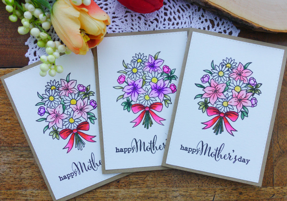 A Mother’s Day card where I used the bouquet stamp set by Clearly Besotted called Say It With Flowers and I watercoloured the flowers using the Zig Brush Markers. This card is very simple!