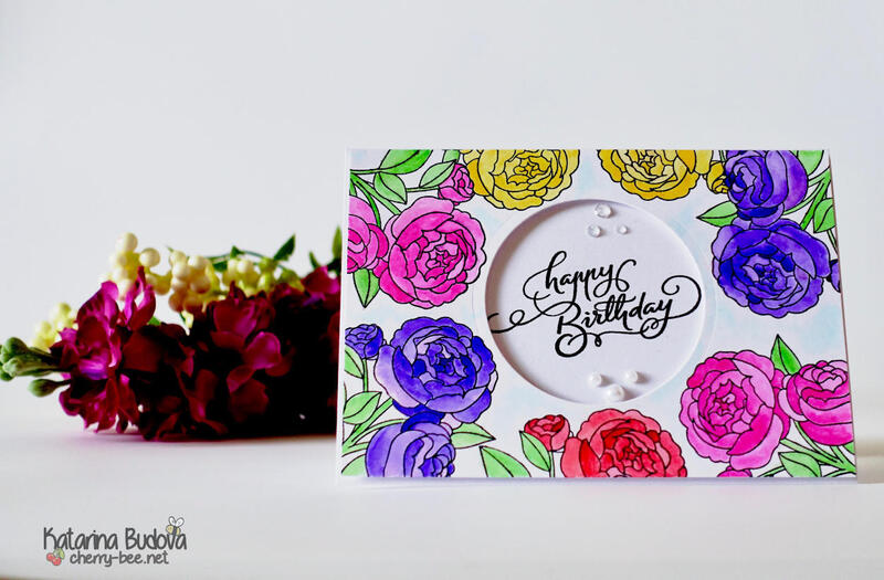 Happy Birthday card where I created a frame using the stamp set with roses called To You With Love by Clearly Besotted and coloured the flowers using the Zig Brush Markers.