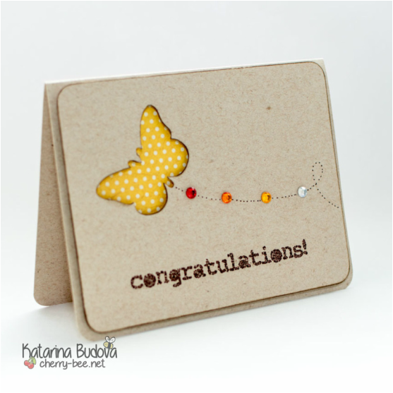 Handmade Congratulations card using butterfly die, craft cardstock, rhinestones, pattern paper and some heat embossing. To see more please visit my blog: cherry-bee.net