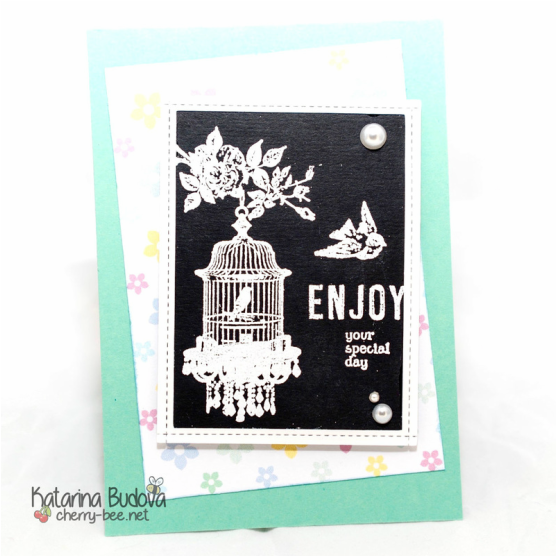 Handmade Birthday Card using white on black heat embossing and pattern paper.