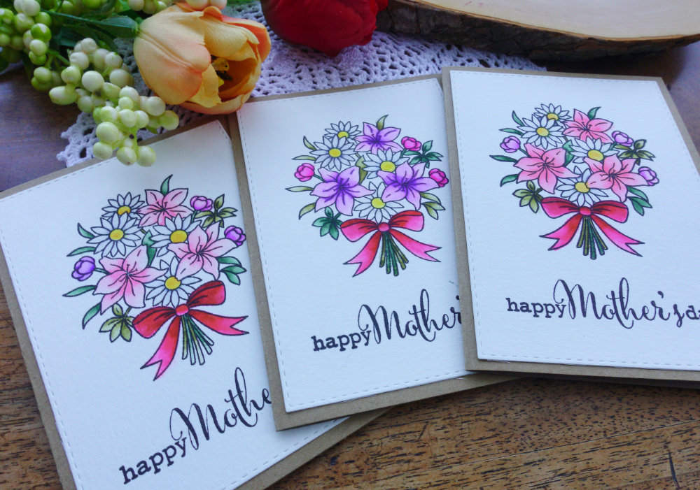 A Mother’s Day card where I used the bouquet stamp set by Clearly Besotted called Say It With Flowers and I watercoloured the flowers using the Zig Brush Markers. This card is very simple!