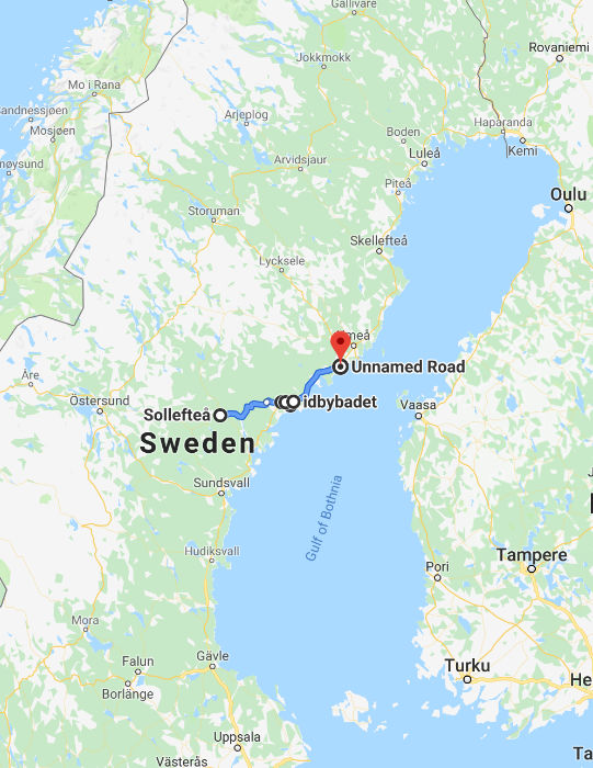 Map of our route from the week 6. From the harbour town Stocka to the beach near the town Hörnefors.