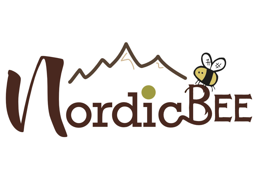 My new logo for Nordic Bee with a drawing of a bee and mountains.