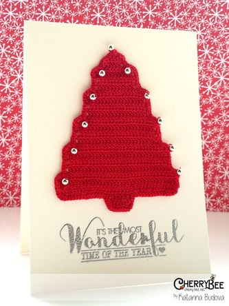Handmade Christmas Holiday card. With a crochet Christmas tree and the Most Wonderful stamp set from Clearly Besotted.