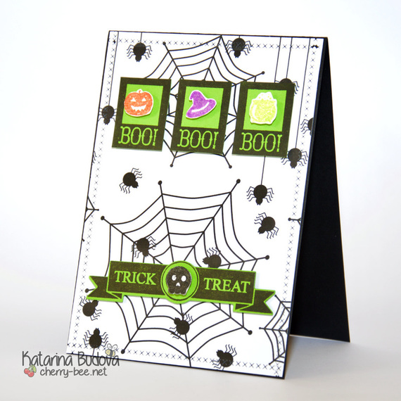 Quick Halloween card, using a pattern paper and Clearly Besotted stamps. @ cherry-bee.net