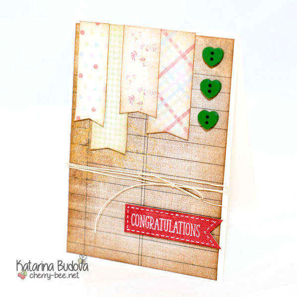 Simple handmade card using various pattern papers and Distress Ink. @ cherry-bee.net