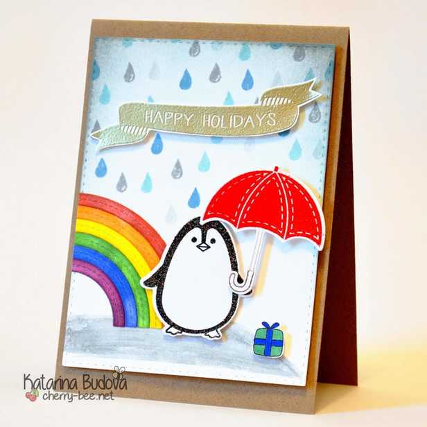 Handmade Christmas card with beautiful rainy background, penguin from Hero Arts, umbrella from Clearly Besotted and rainbow from MFT.