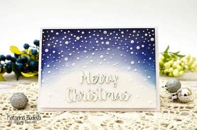 Handmade Christmas Holiday Card using Distress inks to create a night sky, embossing texture paste and Falling Snow stencil form Simon Says Stamp to create a snowy background and “Merry Christmas” sentiment from MFT.