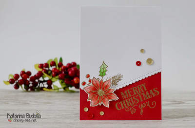 Handmade Christmas Holiday card inspired by a card made by Jennifer McGuire, using the stamp set&nbsp;“Holiday&nbsp;Bouquet” from Avery Elle with beautiful poinsettia flowers and heat embossing with golden glittery embossing powder and watercolouring with brush markers from Sakura.