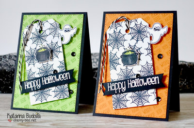 Handmade fun Halloween Card made by Katarina Budova. Using the stamp set “Fright Night” from Clearly Besotted with spider webs and little ghosts and backgournd stamping to create a background.