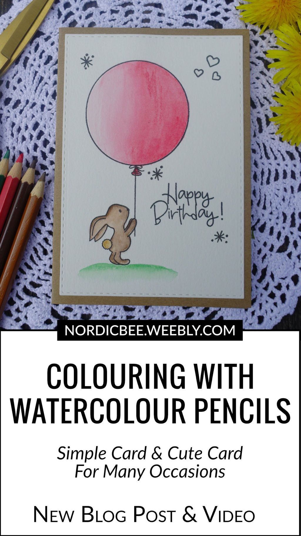 Happy Birthday card with a bunny holding a balloon. Stamped using the stamp set from Avery Elle called Some Bunny and watercoloured using watercolouring pencils from Faber Castel. #watercolourpencils #simplewatercolouring #averyellesomebunny